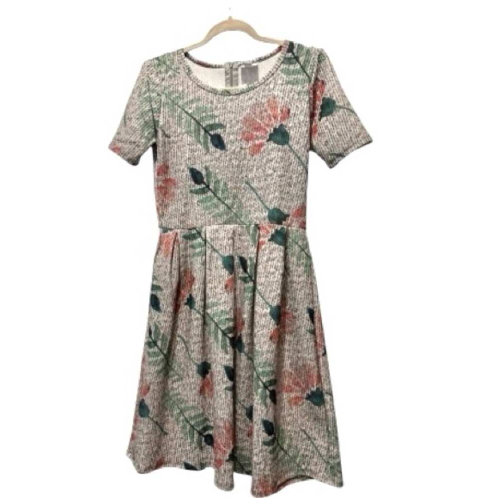 LuLaRoe Floral Fit & Flare Dress M Pocketed Short Sleeve Back Zip